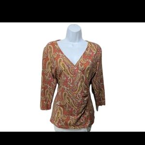 Talbots Faux Wrap Top M Blouse 3/4 Sleeve Paisley Old Money Classic #11